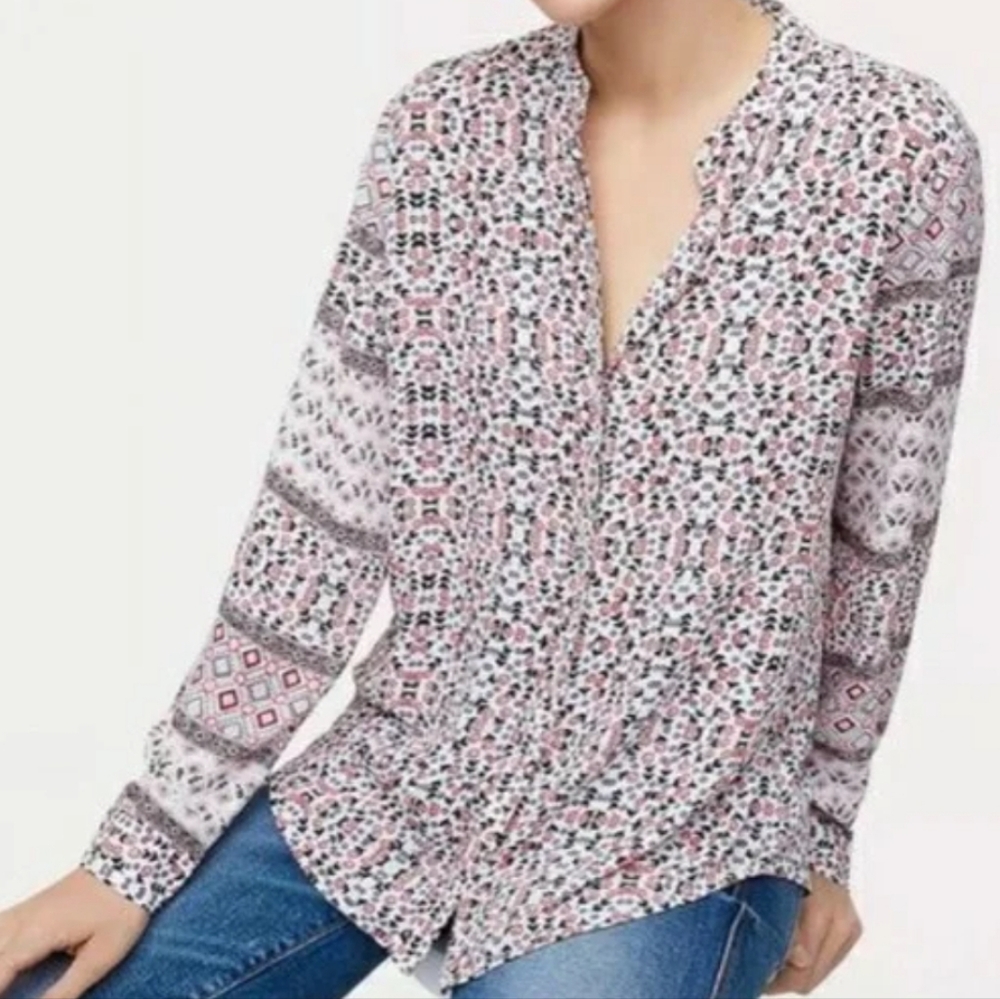 Loft Collarless Patchwork Floral Button Down Long… - image 1